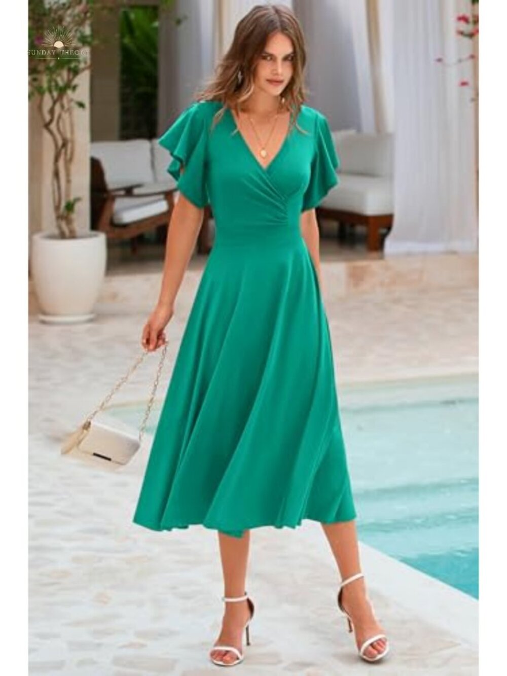 PRETTYGARDEN Wrap V Neck Midi Dress Flowy A-Line Cocktail - Picture 5 of 6